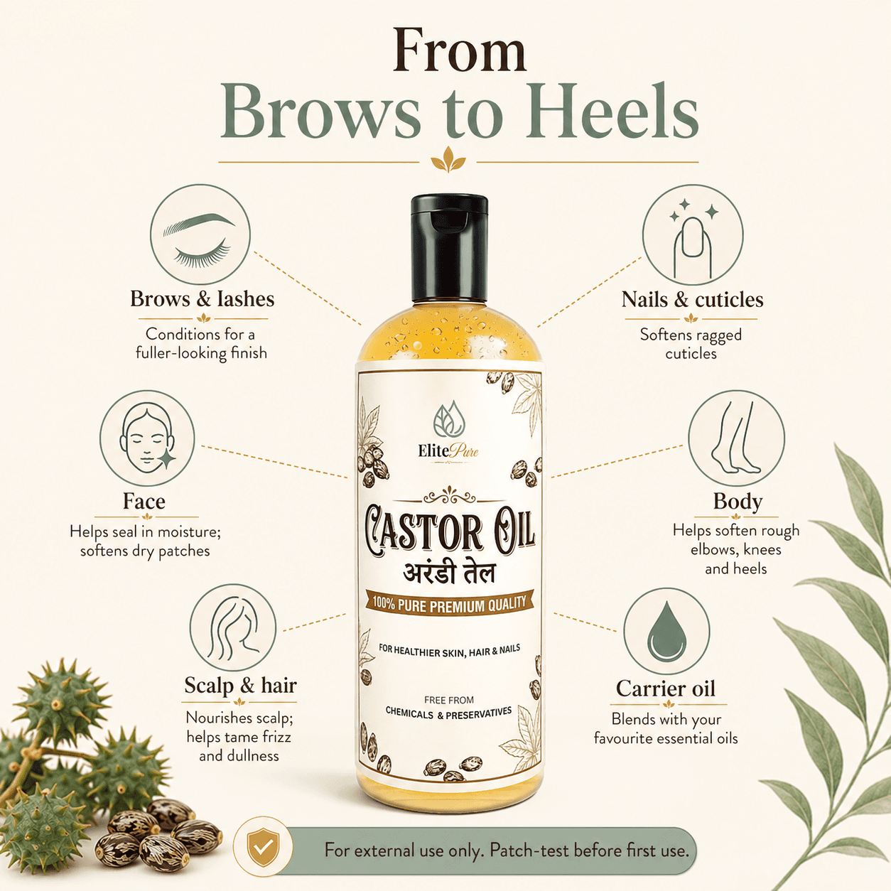 Castor oil kit uses from brows to heels