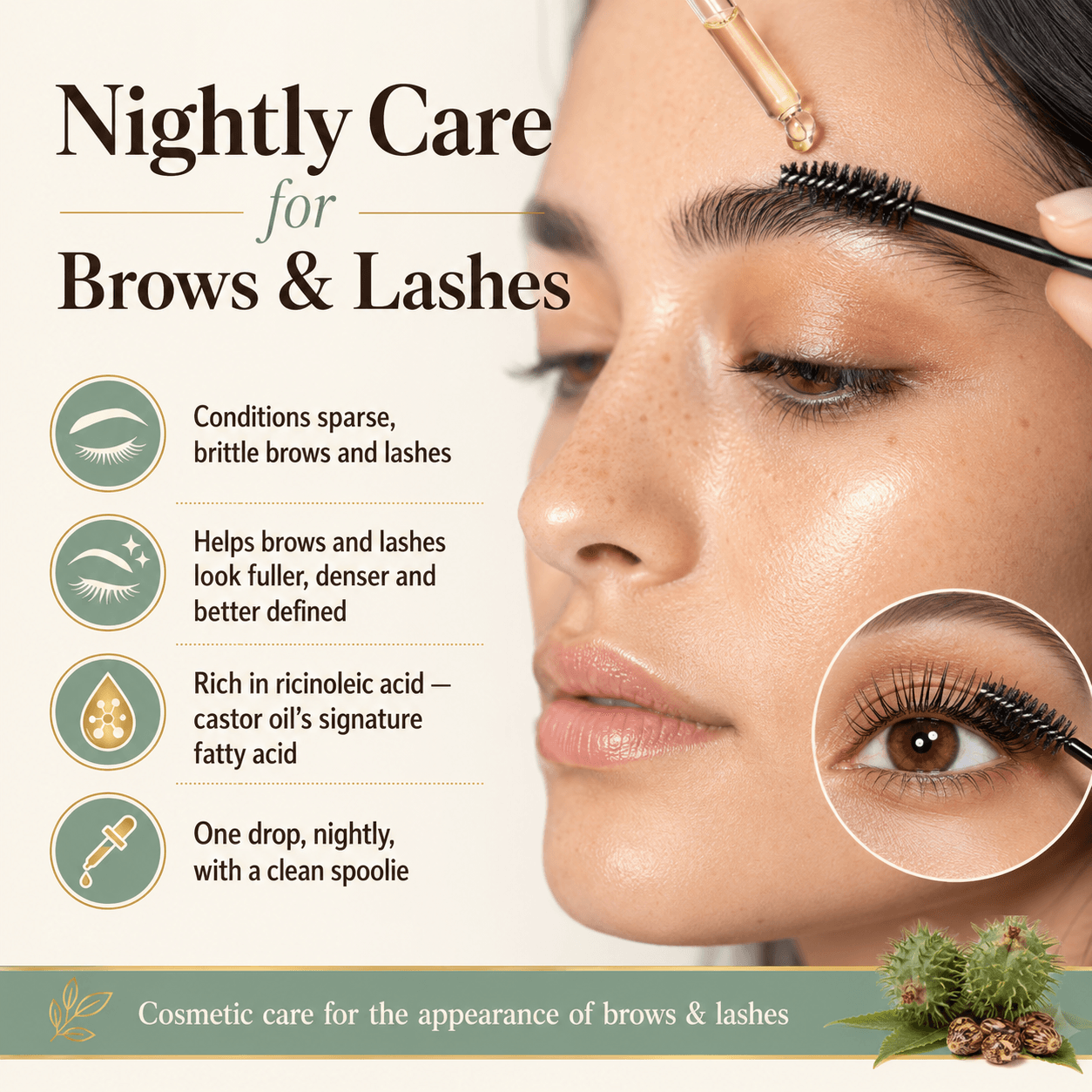 Nightly castor oil care for brows and lashes