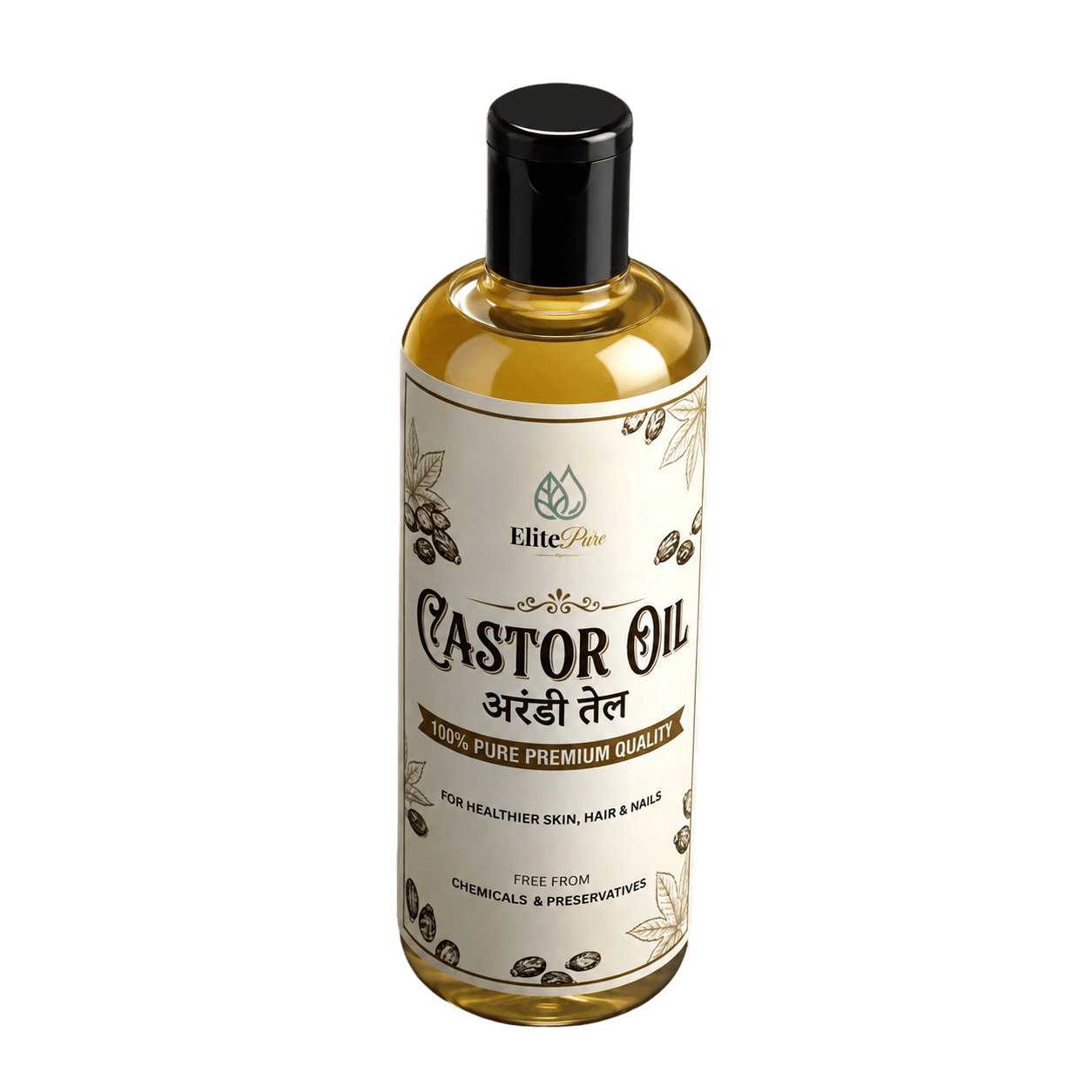 ElitePure Cold-Pressed Castor Oil on a dark studio backdrop